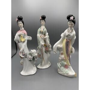 Vintage Chinese Porcelain Court Lady Figurines Set of 3 – Hand Painted, 11”
